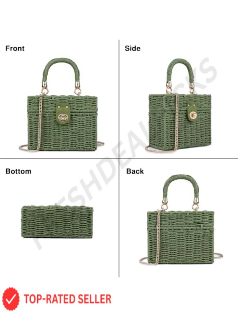 Handwoven Rattan Bag Crossbody Shoulder Straw Beach Tote Satchel with Chain